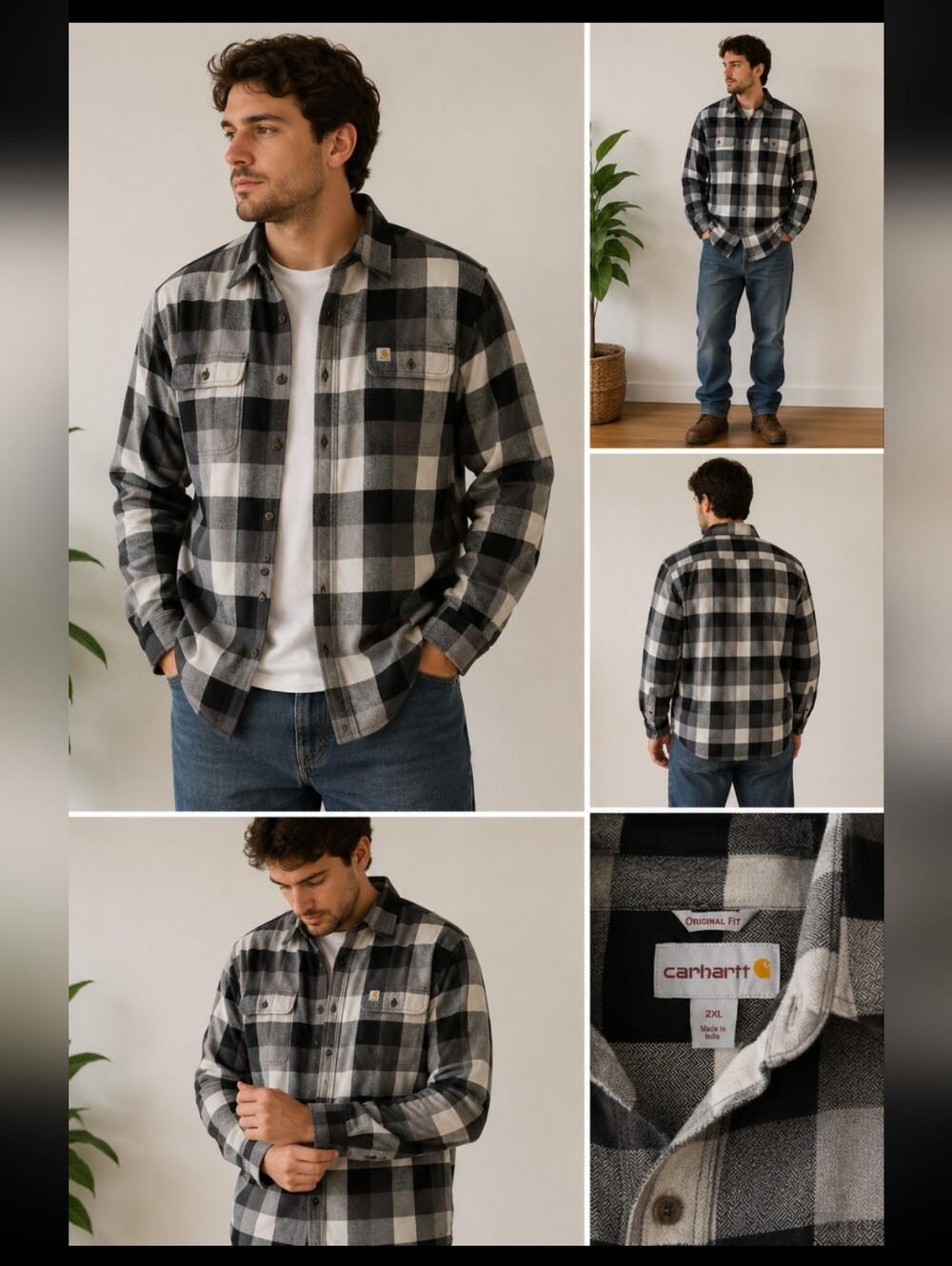 Carhartt Men’s Black, Gray & White Plaid Flannel Button-Down Shirt